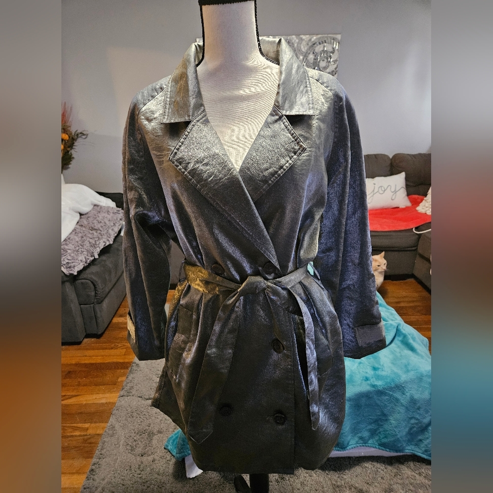 Women's Double-Breasted Pewter/Silver Trench Coat
